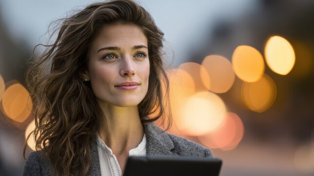 Confident woman with long hair is holding tablet outdoors, surrounded by soft bokeh lights, showcasing modern technology and urban lifestyle