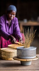 African woman in purple shirt skillfully arranging natural materials in a handcrafted bowl, surrounded by woven baskets, showcasing traditional craftsmanship and artistry