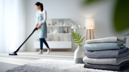 Woman vacuuming a modern living room with neatly stacked towels and decorative plant, showcasing cleanliness and home care in a bright environment