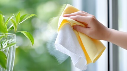 Hand is cleaning window with yellow and white cloth, surrounded by green plants, showcasing the importance of cleanliness and home maintenance