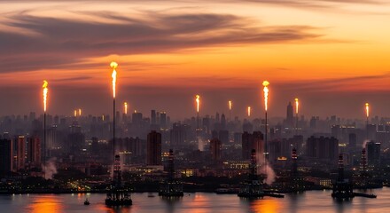 City skyline at sunset with gas flares burning, illustrating the energy industrys impact on urban environments and atmospheric pollution