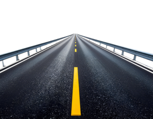 A long straight highway with yellow dashed center line, isolated cutout PNG on transparent background