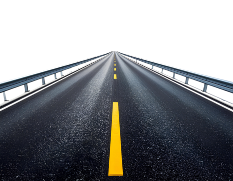 A long straight highway with yellow dashed center line, isolated cutout PNG on transparent background