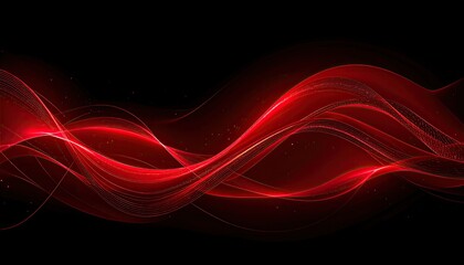 Dynamic crimson ribbons of light flow gracefully against a stark, dark background