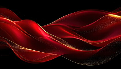 Red and gold flowing ribbons on a black background, glittering and luminous