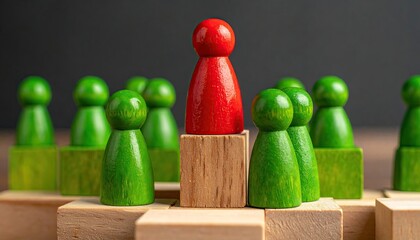 Wooden figurines depicting leadership, with one red figure atop a wooden block