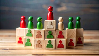 Wooden block figures depicting hierarchy and teamwork, positioned on a wood surface