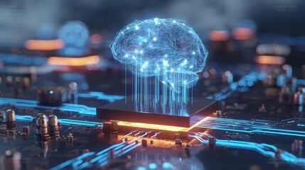 Digital brain illustration on circuit board, showcasing advanced technology and artificial intelligence concepts with glowing connections and vibrant colors
