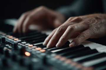 A person is playing a keyboard with their hands