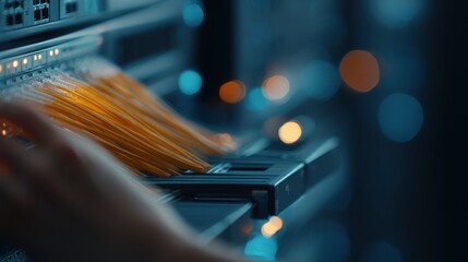 Close-up of a hand connecting fiber optic cables in a server room, illuminated by soft blue and orange lights, showcasing advanced technology and data connectivity