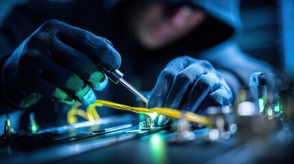 Skilled technician in black gloves is working on electronic device with yellow wires, showcasing intricate details of repair process in a dimly lit environment