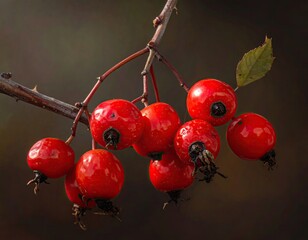 Group of bright red berries, with a single leaf, against a blurry background