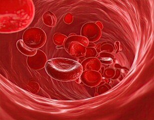 Close-up rendered illustration of red blood cells moving through a vessel