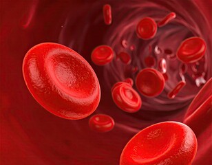 Highly detailed close-up view of red blood cells flowing through a vessel
