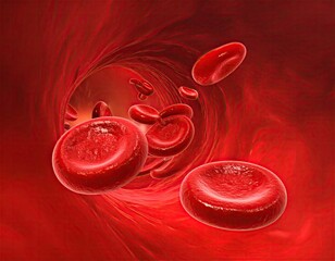 Bright red, circular blood cells flowing through a vessel. Detailed, close-up perspective