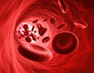 Inside a blood vessel, red cells flow in a close-up anatomical view