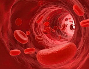 Inside a vessel, red blood cells flow through a vibrant, tubular pathway