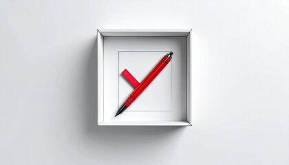 Red pen angled across white box and square on a white surface, shadow present