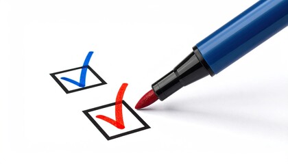 Red and blue checkmarks in boxes with a pen on white paper