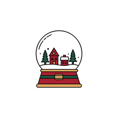 Flat design snow globe vector icon with little houses and trees.