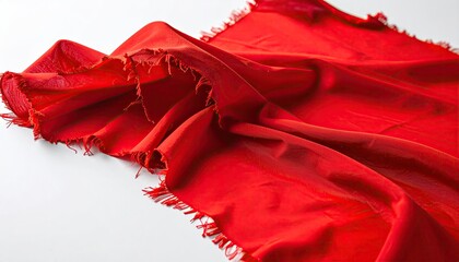 Vivid red fabric piece, rippled texture, torn edges, angled on white surface