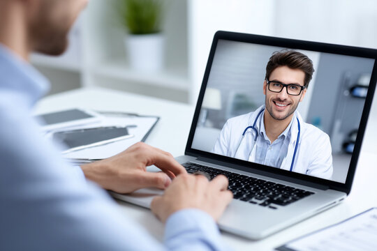 A man is sitting at a desk with a laptop open and a doctor on the screen