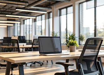 Fototapeta premium Modern office workspace featuring a laptop on a wooden desk, surrounded by plants and large windows, creating a bright and inviting atmosphere