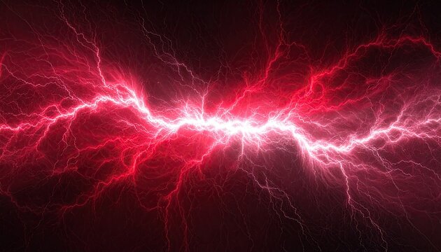 Vivid red lightning bolt electrifies a dark expanse. Abstract, digital art
