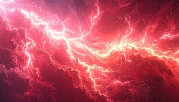 Intense red sky illuminated by a massive, vibrant, and electrifying lightning strike