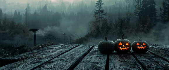 AI Generated - Three jack-o'-lanterns sitting on top of a wooden table in a foggy forest. Professional stock photography for commercial use. High-resolution. Premium quality. Professional grade.