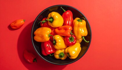 Colorful Bell Peppers in Bowl on Red Background.