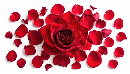 Vivid, full-bloom red flower with scattered petals on a clean white surface