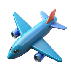 Bright blue toy airplane with orange tail against white background