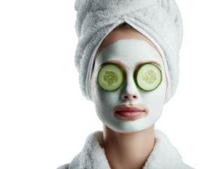Facial mask treatment session for relaxation at home with cucumber slices on eyes Generative AI