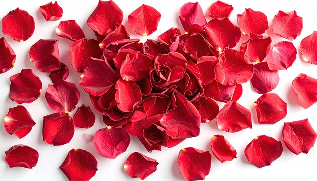 Red rose petals arranged in a heart shape, surrounded by scattered petals, on white - Powered by Adobe