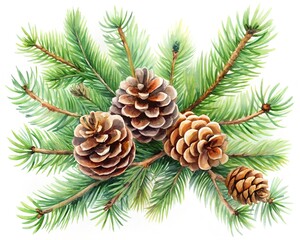 Watercolor illustration of pine cones and evergreen branches, isolated on white background