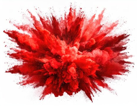 A vibrant, abstract explosion of red particles against a clean, white background