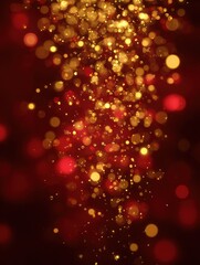 abstract gold glitter lights on red background for banner blurred bokeh backdrop for christmas new year greeting cards valentines day womens day holiday or event 