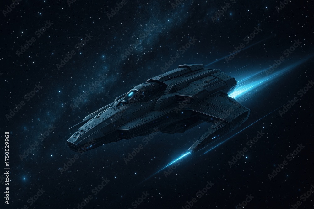 Wall mural futuristic spaceship exploring deep space.