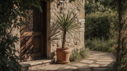 Rustic stone building with a wooden door, potted yucca, and winding stone path in a garden