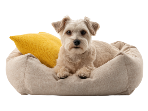 Small dog relaxes on cozy bed with a yellow pillow in a bright indoor space during daytime Generative AI