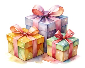 Obraz premium Three beautifully wrapped gift boxes with colorful ribbons, presented as a festive arrangement on a white background