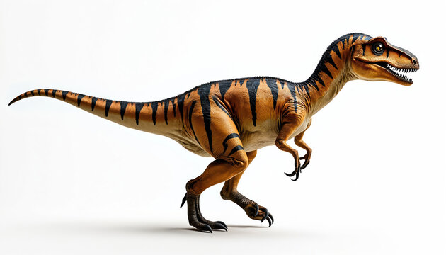 Eoraptor dinosaur illustration on white background. Ancient reptile creature stands. The extinct animal has black stripes. Biology theme for design illustration.