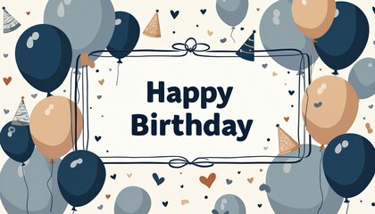 Birthday card with balloons and party hats. Festive masculine greeting background. Stylish blue grey design for men. Celebration invitation template. Anniversary wish. Holiday banner, creative visual.