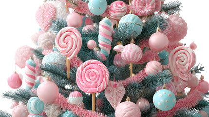 Candy-themed Christmas tree with lollipop ornaments, candy cane garlands, and pastel pink baubles, isolated on white background
