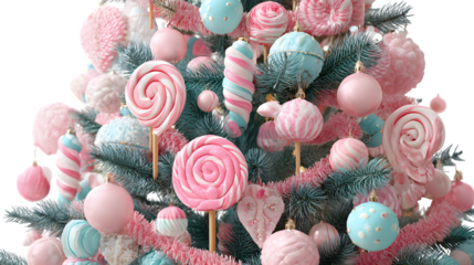 Candy-themed Christmas tree with lollipop ornaments, candy cane garlands, and pastel pink baubles, isolated on white background