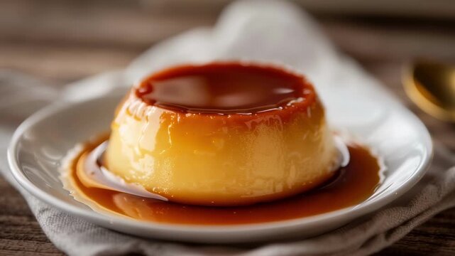 A classic creme caramel dessert with rich caramel sauce. Gourmet custard flan pudding on a plate. Scene for culinary blogs and restaurant menus.