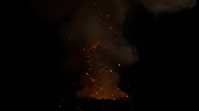 Spectacular fiery explosion with intense heat and sparks flying in the dark, perfect for dramatic effects and powerful visuals, ideal for action scenes