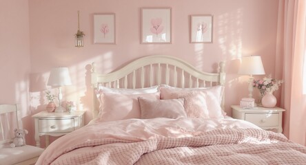 Dreamy Pink Bedroom with Elegant White Furniture and Soft Lighting.