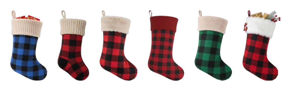 Christmas stockings set including buffalo plaid, knit, and faux fur cuffs isolated. Festive winter holiday decor.